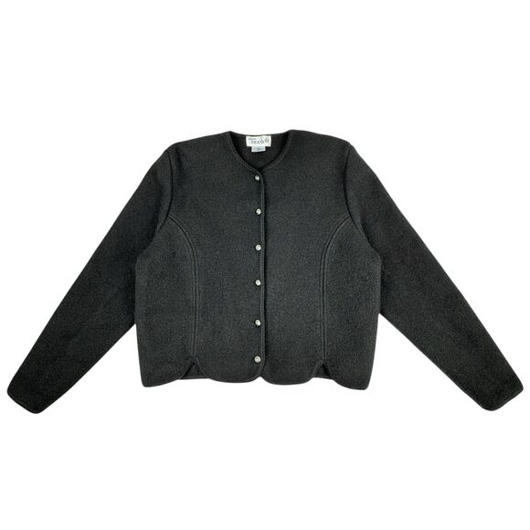 Vintage Womens Thick Wool Cardigan Jacket Large Black Stretch Old Money Preppy - Picture 1 of 16